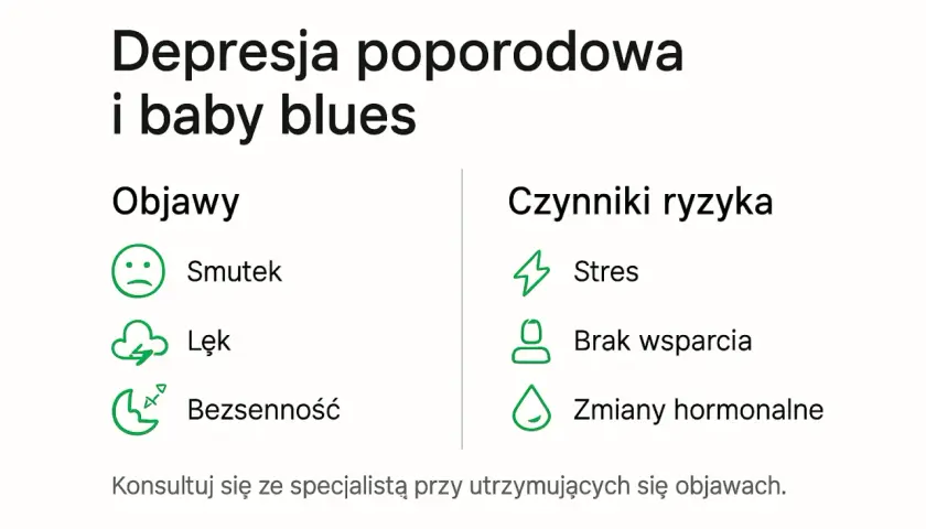 Depresja poporodowa i baby blues: objawy (smutek, lęk, bezsenność) i czynniki ryzyka (stres, brak wsparcia, zmiany hormonalne).
