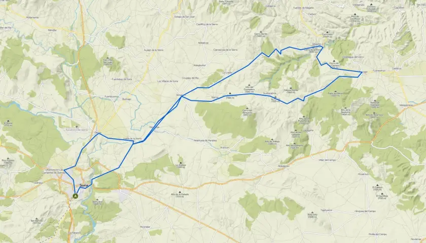 Mapa de rutas en bici por Soria, con un recorrido azul marcado que atraviesa pueblos y montañas.