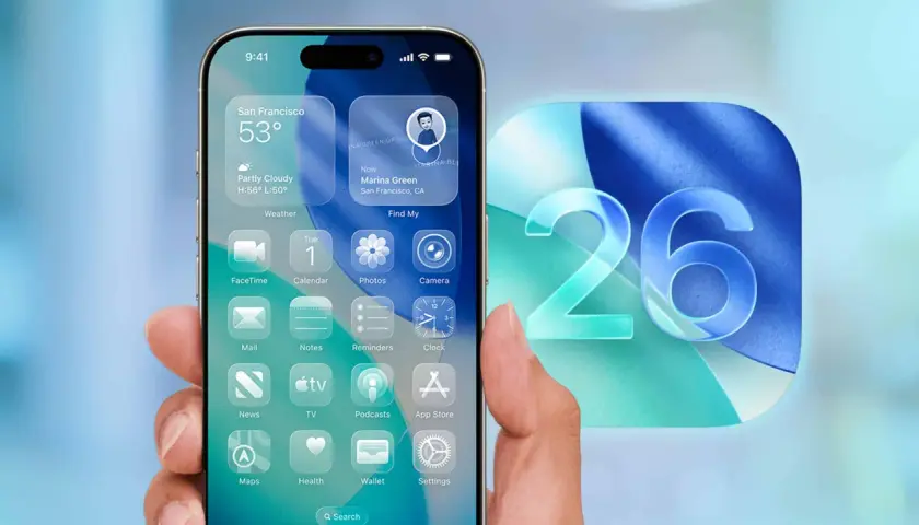 Dłoń trzyma iPhone'a z widokiem na ekran główny, prezentującym widgety i ikony aplikacji. Obok widnieje duży numer 26, symbolizujący najnowszy iOS.