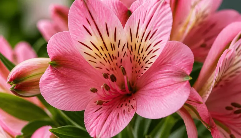 Fleurs d'alstroemeria roses, symbolisant l'amitié et la prospérité. Leurs pétales délicats révèlent des marques sombres et un cœur jaune.