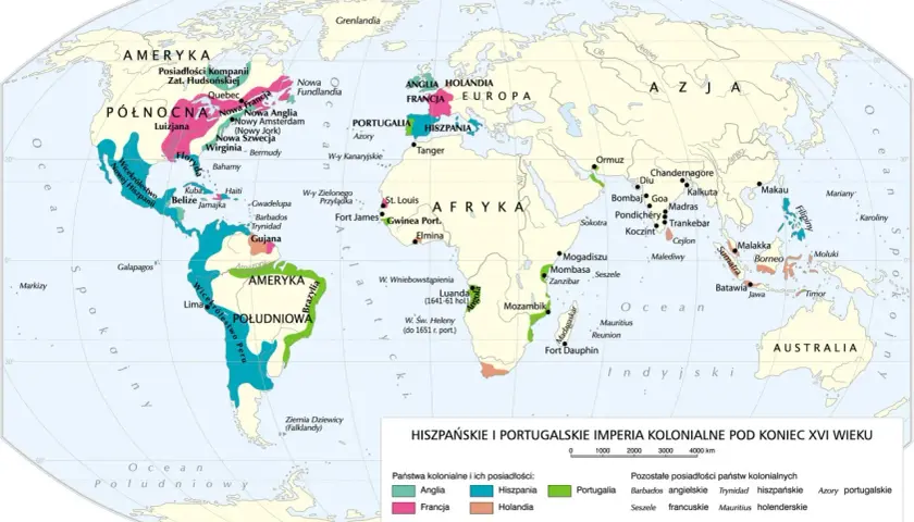 Mapa przedstawia kolonialne imperia Hiszpanii i Portugalii pod koniec XVI wieku. Zambo, jako symbol handlu, był kluczowy dla tych imperiów.