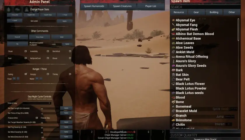 Panel administrator w Conan Exiles z opcjami zmiany statystyk, sterowania pogodą i przedmiotami do przywołania.