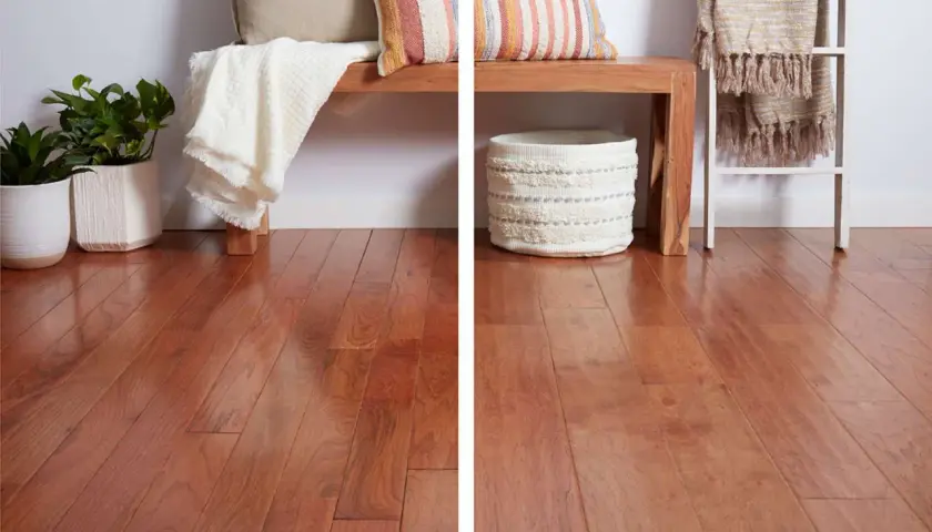 A split image showcasing the rich grain of solid wood flooring on the left, contrasted with the uniform appearance of manufactured wood flooring on the right.