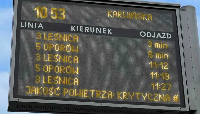 Tablica informacyjna z rozkładem jazdy MPK i informacją o krytycznej jakości powietrza.