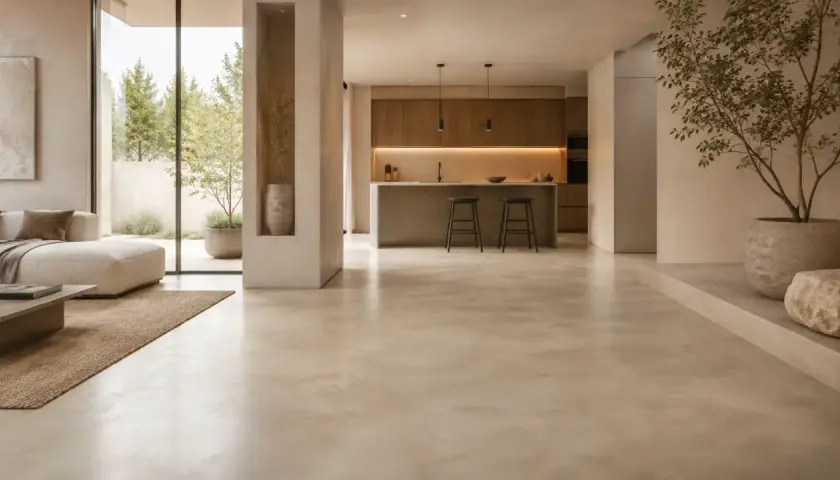 Ampio soggiorno con cucina moderna e un elegante pavimento veneziano.