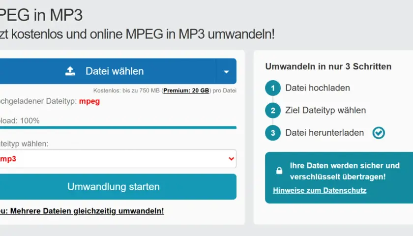Online-Tool zur Umwandlung von MPEG in MP3. Lade deine MPEG-Datei hoch, wähle MP3 als Zielformat und starte die Umwandlung.