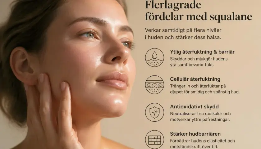 Kvinnas ansikte med strålande hud. Texten lyfter fram fördelarna med squalane, som återfuktar och stärker huden. Squalane är inte farligt, utan en hudvänlig ingrediens.