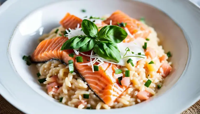 Un délicieux risotto saumon, garni de basilic frais et de ciboule ciselée. Une recette parfaite pour un repas savoureux.