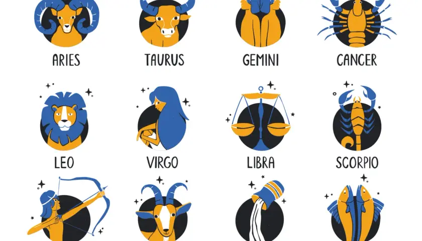 Zodiakalne ryby (Pisces) i inne znaki zodiaku w formie ilustracji.