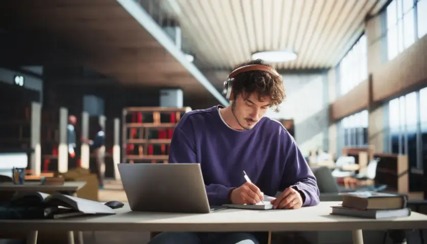Ein junger Mann mit Kopfhörern lernt in einer Bibliothek. Er schreibt Notizen, während sein Laptop geöffnet ist. Perfekt für ein Teilzeitstudium.