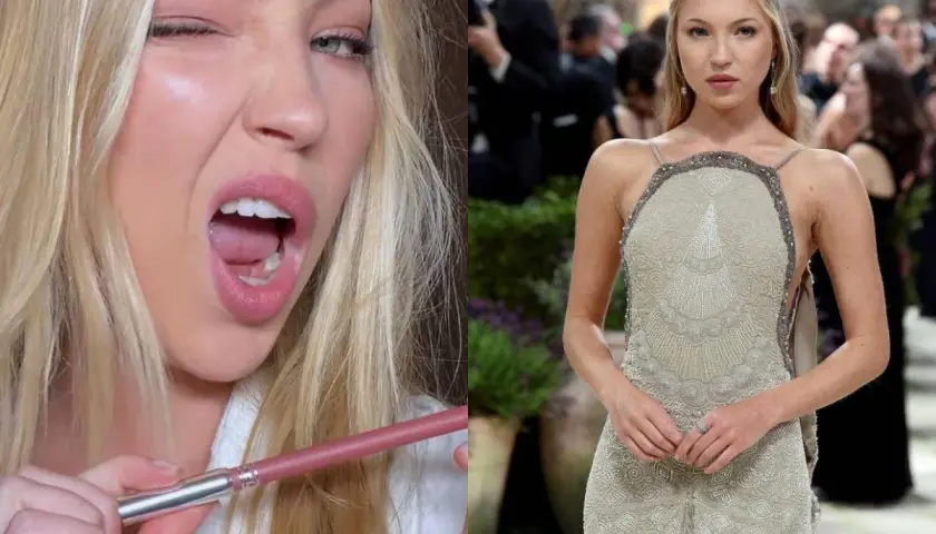 Lila Moss, con labios rosados y un guiño, aplica delineador. En otra imagen, luce un vestido de gala adornado.