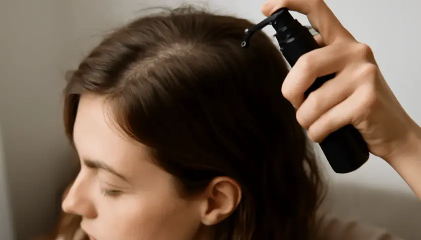 En hand applicerar serum i hårbotten för att motverka frissigt hår uppe på huvudet.