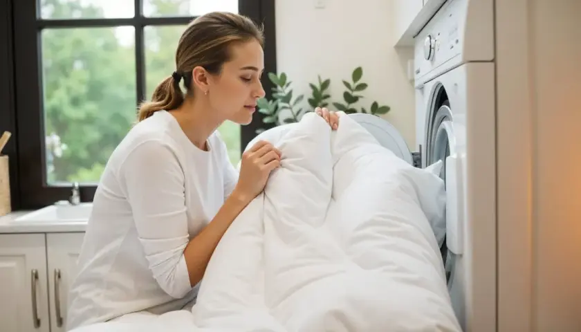 A woman is placing a white duvet into a washing machine, demonstrating how to wash duvet cover.