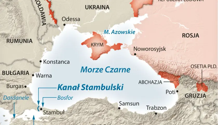 Mapa pokazuje, gdzie znajduje się Morze Czarne, otoczone przez Ukrainę, Rosję, Gruzję, Turcję, Bułgarię, Rumunię i Mołdawię.