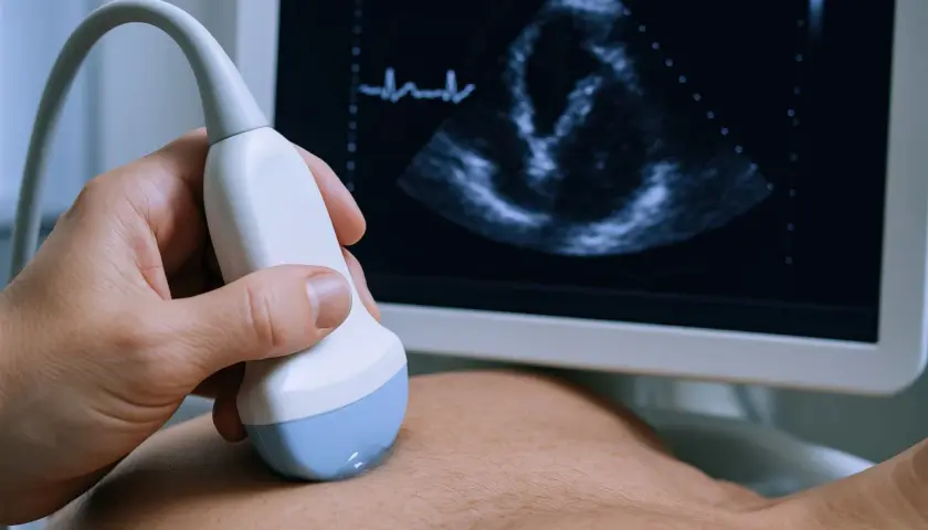 Dłoń trzyma sondę USG, która bada echo serca co wykrywa jego pracę. Na ekranie widać obraz serca i zapis EKG.