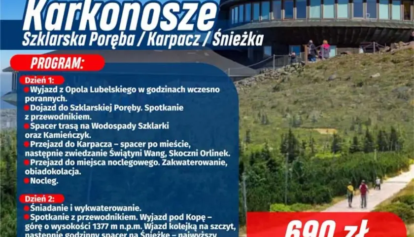 Karkonosze atrakcje: dwudniowa wycieczka do Szklarskiej Poręby, Karpacza i na Śnieżkę. W programie wodospady, Świątynia Wang, skocznia i wjazd kolejką.