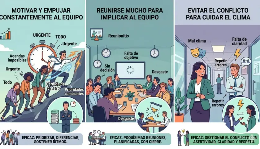 Ilustración sobre cómo lograr reuniones efectivas: motivar al equipo, evitar exceso de juntas y gestionar conflictos.
