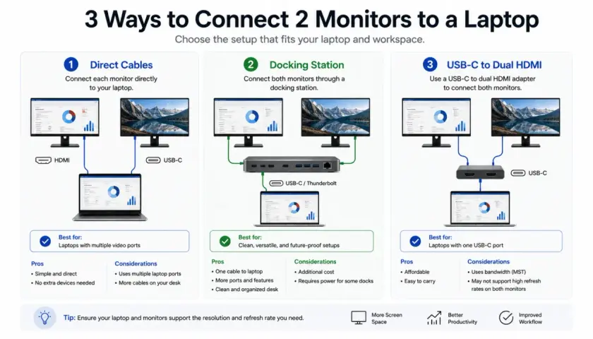 Schéma montrant 3 méthodes pour connecter un double écran PC à un ordinateur portable : câbles directs, station d'accueil, adaptateur USB-C vers double HDMI.