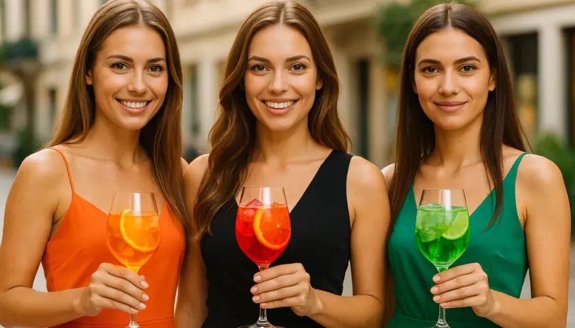 Tre amiche sorridono tenendo in mano un colorato spritz alcolico, ognuna con un gusto diverso.