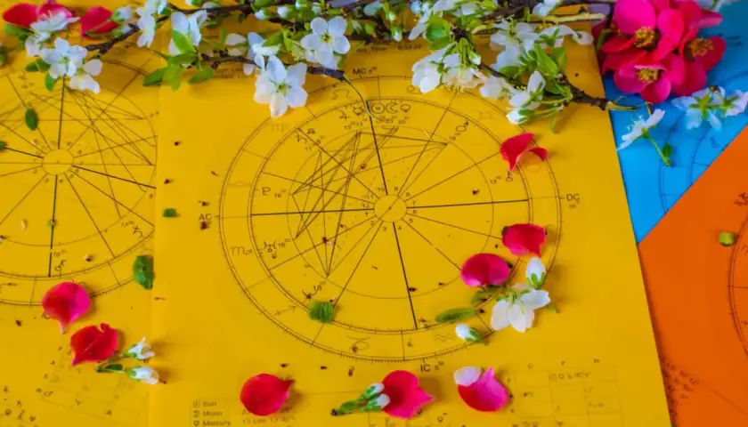 Wesołe znaki zodiaku na żółtym tle, ozdobione płatkami róż i kwitnącymi gałązkami.