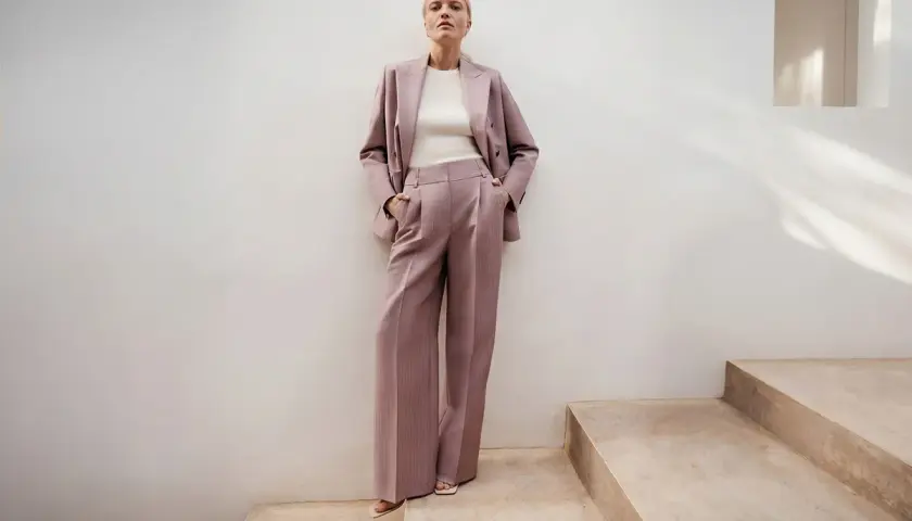 Elegancki różowy garnitur w prążki to idealna propozycja, jak się ubrać na poprawiny. Długie, szerokie spodnie i marynarka tworzą stylowy look.
