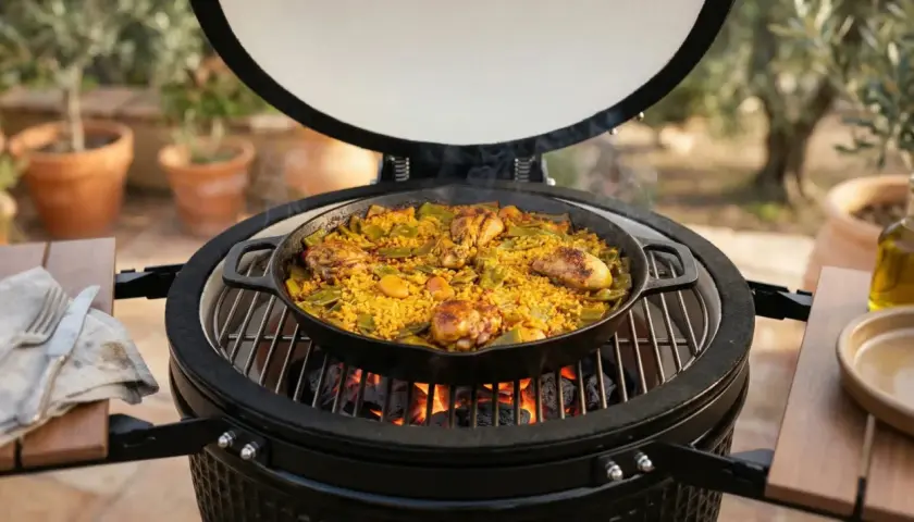 Paella de poulet et légumes cuite dans une poêle sur un kamado grill.