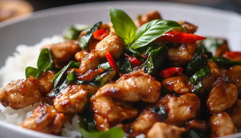 Kyckling med ris och färsk thai basil. En smakrik rätt med chili och örter.