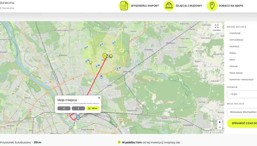 Mapa pokazuje przedmieścia Warszawy, z zaznaczonymi Markami i okolicznymi miejscowościami.