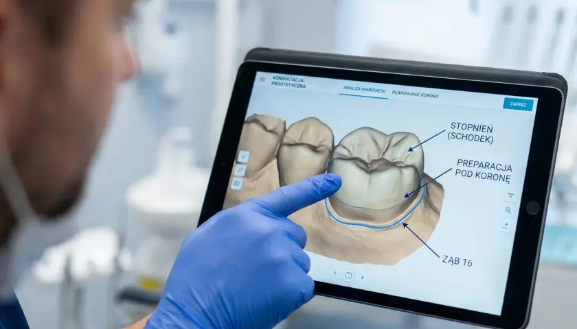 Dentysta w niebieskiej rękawiczce pokazuje na tablecie spiłowane zęby pod korony, analizując preparację.