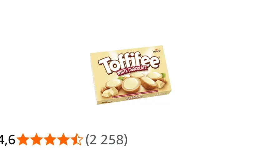 Pudełko Toffifee White Chocolate z widocznymi czekoladkami i orzechami.