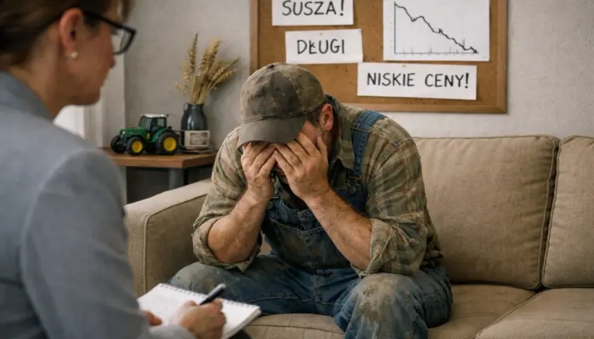 Rolnik w rozpaczy, zmagający się z suszą, długami i niskimi cenami, szuka wsparcia dla swojego zdrowia psychicznego.