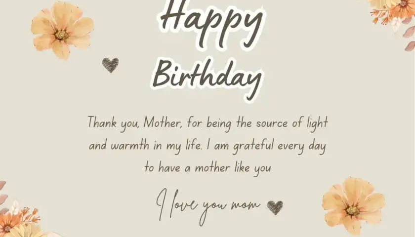 Urocza pocztówka po angielsku z napisem "Happy Birthday" i życzeniami dla mamy.