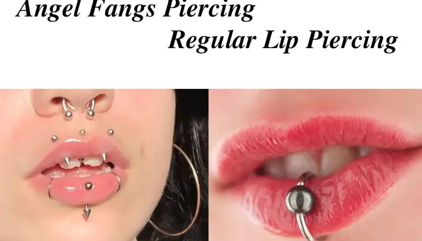 Kobieta z kolczykami w wargach, w tym angel bites piercing, oraz zbliżenie na usta z kolczykiem.