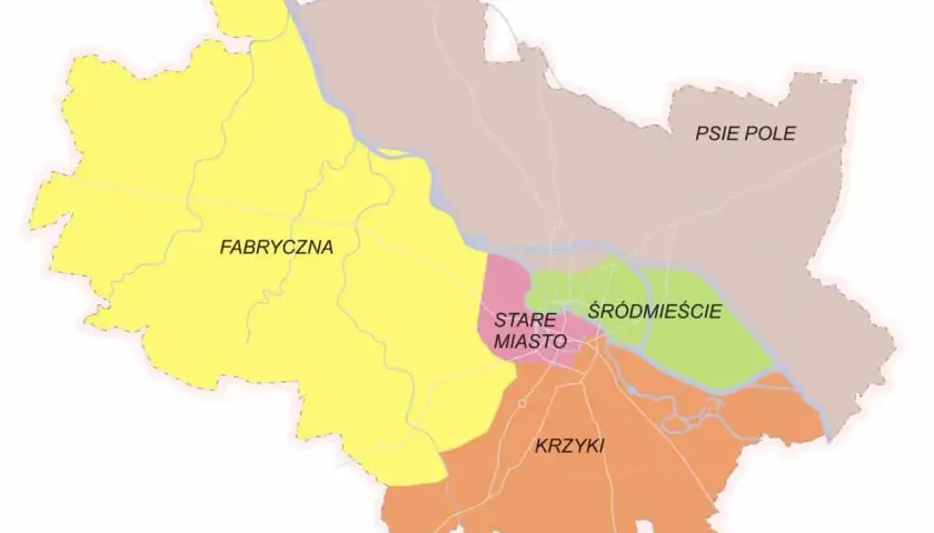 Mapa przedstawiająca dzielnice Łodzi: Fabryczna, Stare Miasto, Śródmieście, Krzyki i Psie Pole.