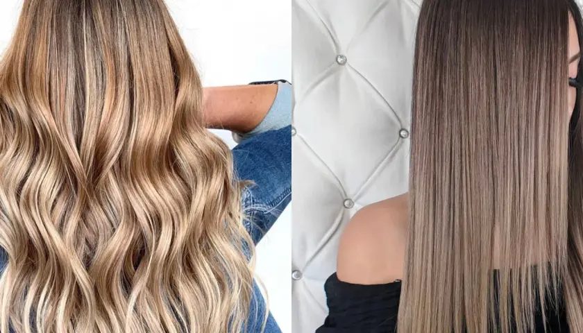 Dos estilos de cabello con mechas ombre: rubio ondulado y castaño liso.