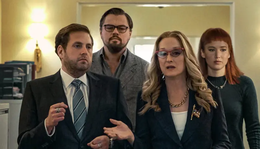 Nie patrz w górę obsada: Jonah Hill, Leonardo DiCaprio, Meryl Streep i Jennifer Lawrence w filmie o katastrofie.
