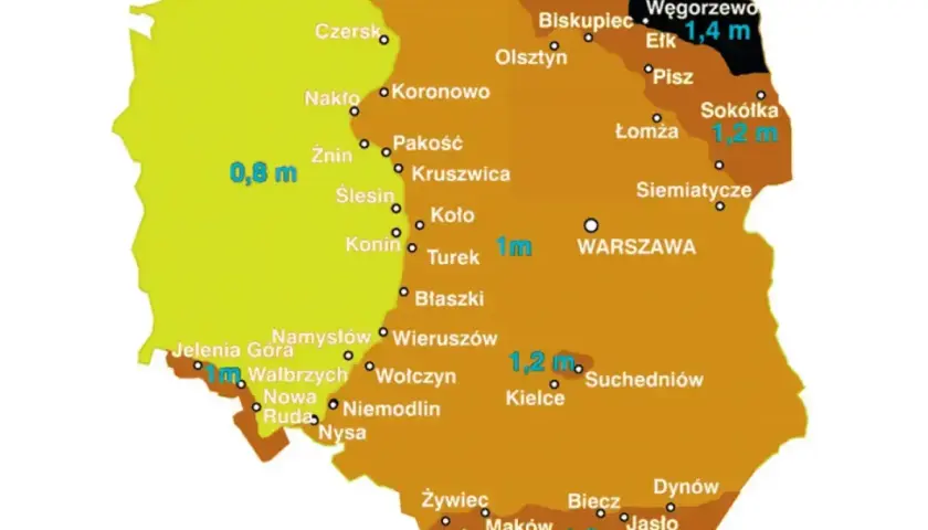 Mapa Polski z zaznaczonymi strefami przemarzania gruntu. Wartości od 0,8 m do 1,4 m.