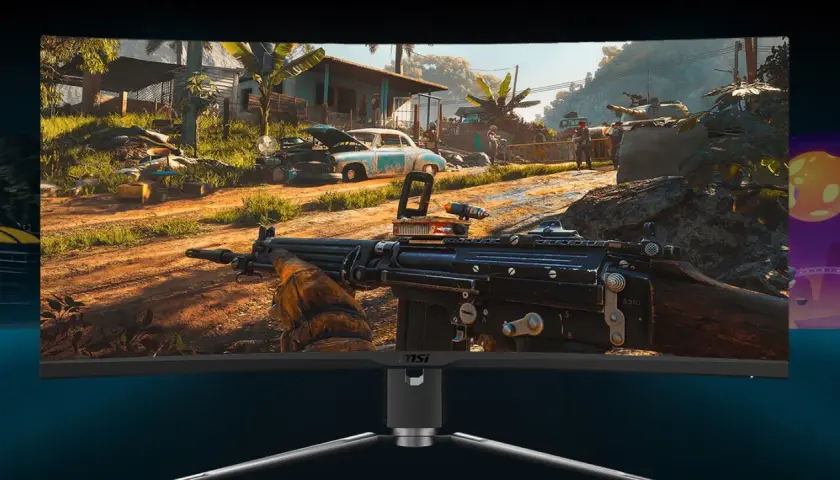Ein Spiel auf einem MSI-Monitor, das zeigt, was HDR kann: lebendige Farben und tiefe Kontraste in einer tropischen Szene mit Waffe.