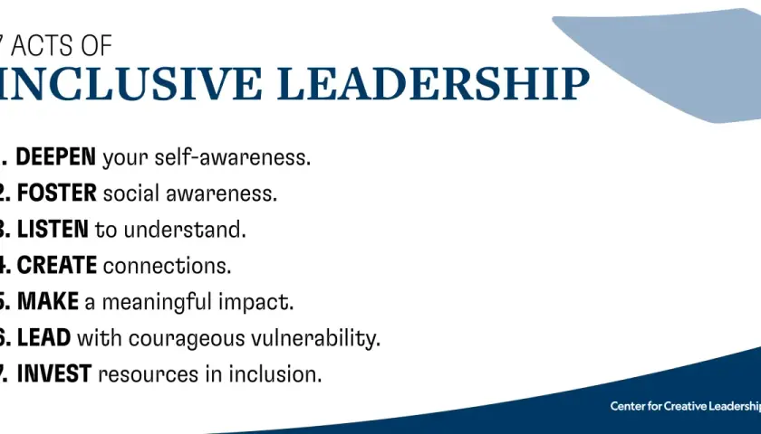 7 Acts of Inclusive Leadership: Deepen self-awareness, foster social awareness, listen, create connections, make impact, lead with vulnerability, invest in inclusion. This is a strategy skill.