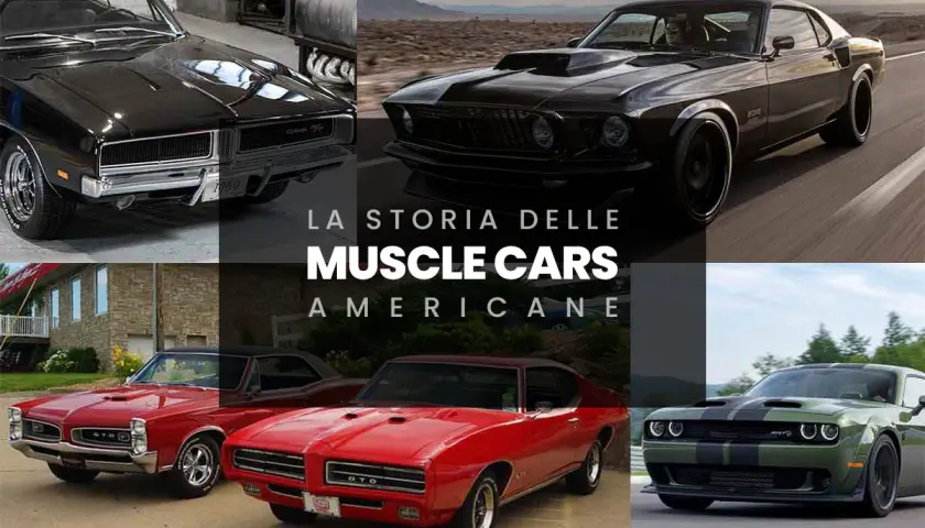 Iconiche auto americane anni 60: Charger, Mustang, GTO e Challenger, simboli di potenza e libertà su strada.