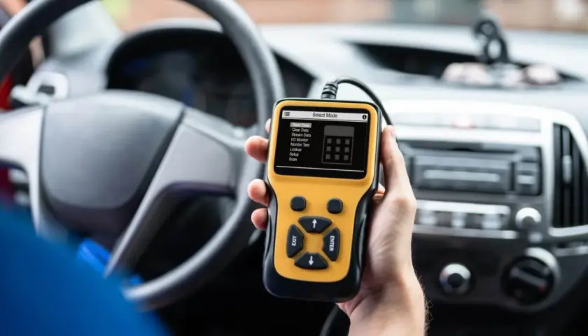 Ręka trzyma żółty skaner diagnostyczny OBD2 w samochodzie, gotowy do porównania z OBD1.