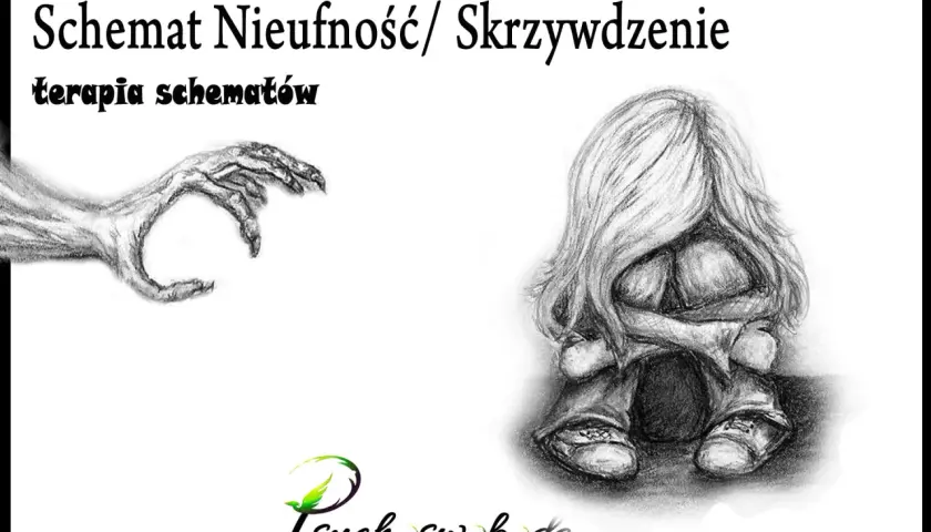 Rysunek przedstawia schemat nieufności/skrzywdzenia. Dłoń wyciąga się do skulonej postaci, symbolizując trudności, które mogą być leczone przez kontekstualną terapię schematów.