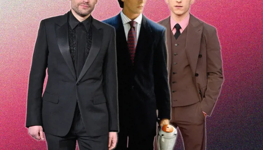 Kieran Culkin, Christian Bale et Tom Holland, une distribution qui évoque American Psycho, posent en costumes.