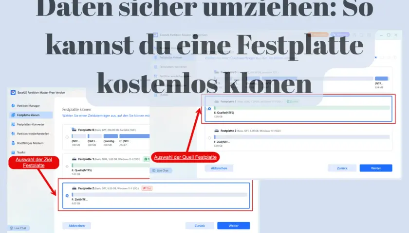 EaseUS Partition Master zeigt, wie man eine Festplatte klonen kann. Hier wird die Quellfestplatte (E: Quelle(NTFS)) ausgewählt, um sie auf eine andere Festplatte zu übertragen.