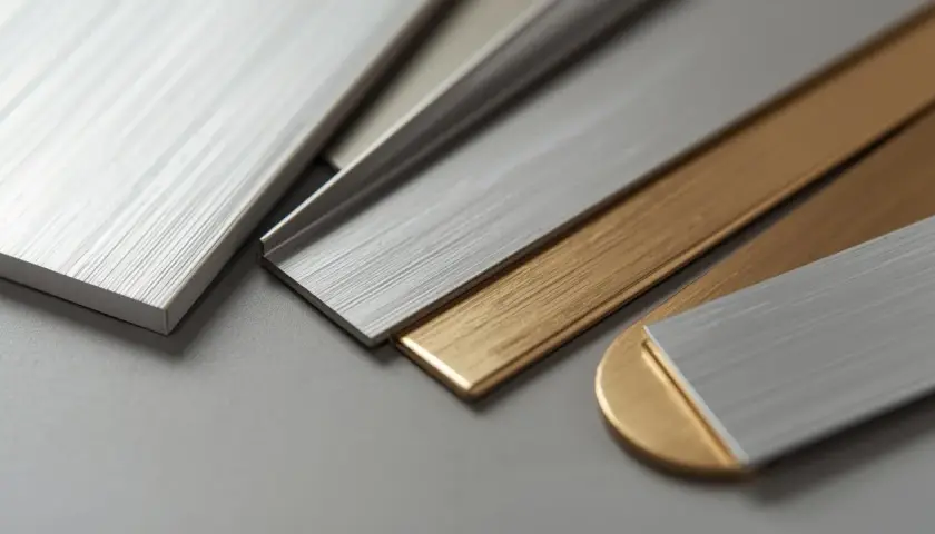 Różne odcienie i faktury metali, w tym złocisty duraluminium i srebrzyste aluminium, pokazują, jak odróżnić aluminium od duraluminium.