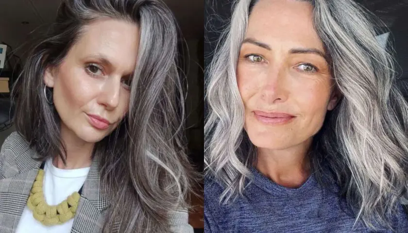 Dos mujeres lucen con orgullo sus mechas go grey, mostrando la belleza natural de su cabello plateado.