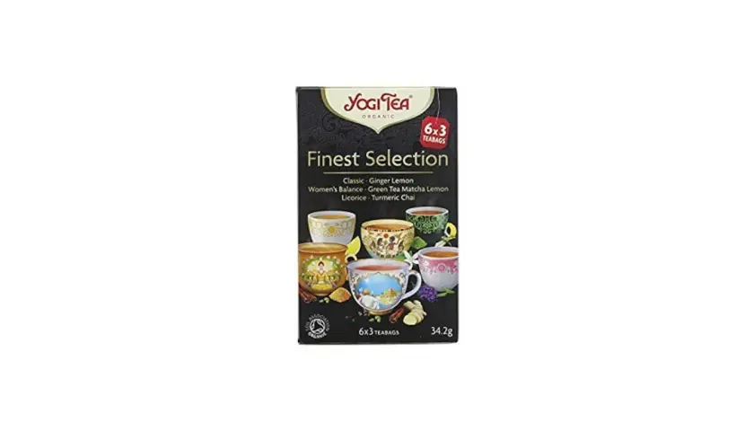Yogi Tea Finest Selection-förpackning med sex olika tesorter, inklusive ingefära citron och grönt te matcha citron.