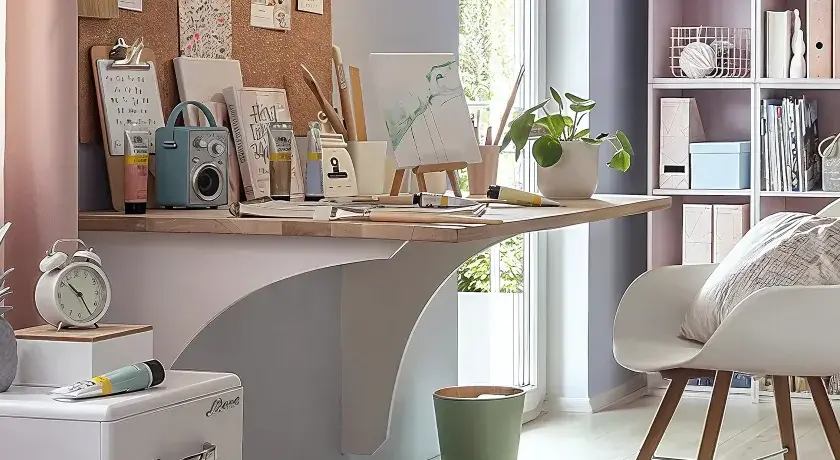 Kreativer Arbeitsplatz mit einem Schreibtisch, der wie ein klapptisch selber bauen wirkt. Buntstifte, Leinwand und ein kleiner Lautsprecher laden zum Malen ein.