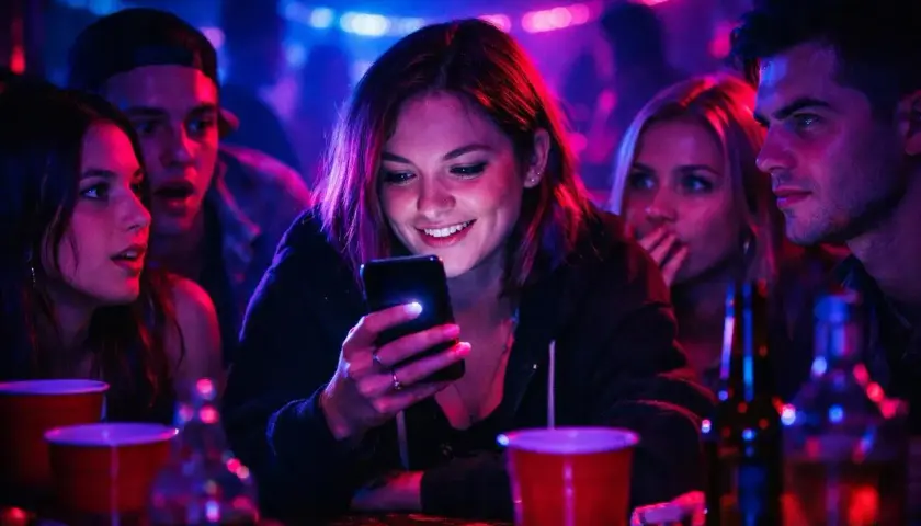 Grupa przyjaciół gra w "prawda czy wyzwanie" przy blasku neonów. Dziewczyna z telefonem śmieje się, a jej znajomi patrzą z zaciekawieniem.