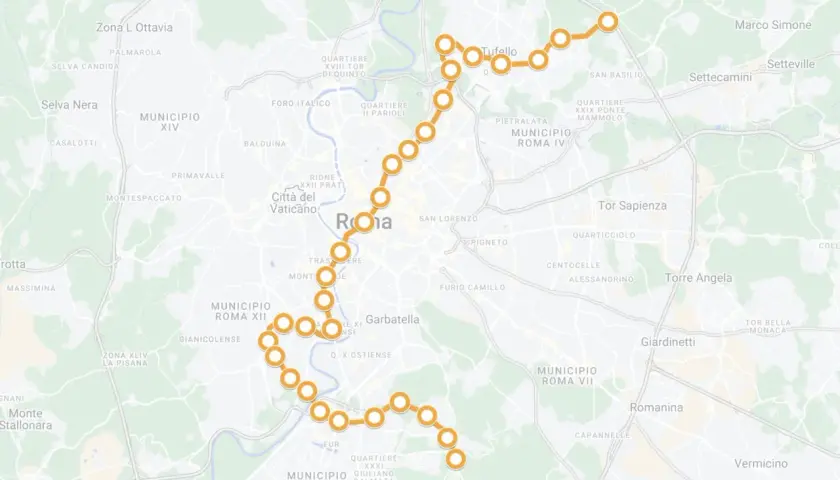 Mappa di Roma con la linea del metro d evidenziata in arancione, che attraversa la città da nord-ovest a sud-est, passando per zone come Tufello, Garbatella ed EUR.